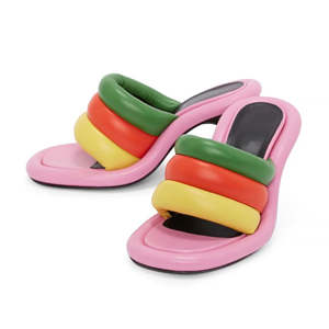 Sandalias de tacón de mula de verano de Color personalizado, zapatillas cuadradas con punta abierta, tacones altos, sandalias sexis infladas de PU con tacón a juego - Product Image 2