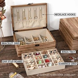 Solid Wood Jewelry <b>Box</b> Double Layer With Necklace Hooks Bracelet Grid Rings Tray Earrings Storage Organizer <b>Vintage</b> Style - Product Image 1