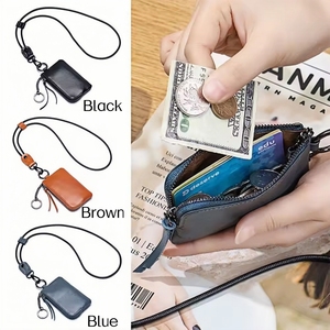 Carteras de cuero PU suave personalizadas de moda <span class=keywords><strong>para</strong></span> colgar al cuello, monedero minimalista personalizado <span class=keywords><strong>para</strong></span> monedas y tarjetas, llavero con cordón, bolsillo de almacenamiento, regalo - Product Image 5
