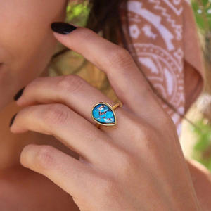 Anello T0977 in Turchese per Donna, Forma a Pera, Gemma Naturale con Montatura a Castone, Regalo, Anelli alla Moda - Product Image 3