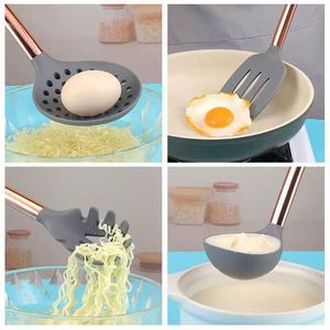 Silicone <b>Kitchen</b> <b>Utensils</b> Set With <b>Copper</b> Wooden Handle & Storage Bucket FDA Approved - Product Image 3