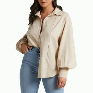 2024 नई उच्च गुणवत्ता वाली महिला कैजुअल लूज शर्ट लोगो कस्टम लिनन लुक लंबी आस्तीन बटन अप महिला ब्लाउज