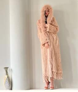 YRFUR YR023 diseño de moda tejido a mano piel de conejo auténtica con piel de perro mapache recorte X-Long Coat - Product Image 2