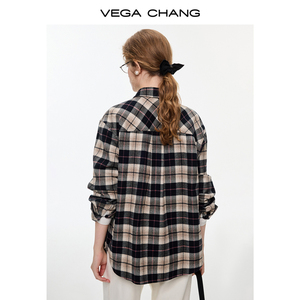 Camisa a Cuadros Rosa y Negra VEGA CHANG para Mujer, Cierre de Botón de Una Sola Hilera, Combinación de Colores a Cuadros Versátil, Camisa Holgada en Capas - Product Image 3