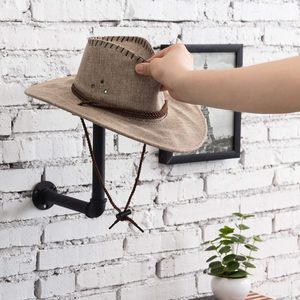 Soporte para sombrero montado en la pared con tubo de metal negro realista y madera marrón, ganchos colgantes para sombrero de entrada y soporte para peluca - Product Image 6