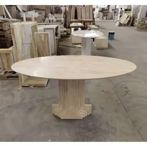Meubles de table à manger en marbre naturel, base ovale ronde, design empilé personnalisé, pierre naturelle, - Product Image 1