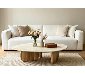 Table basse de salon au design minimaliste, prix de gros, base en bois massif, plateau en marbre naturel beige travertin - Product Image 1