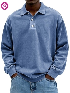Camiseta Deportiva de Manga Larga para Hombre con Logotipo Personalizado, Lavada y Desgastada, Talla Grande, Cuello <span class=keywords><strong>en</strong></span> V, Color Sólido, Informal - Product Image 2