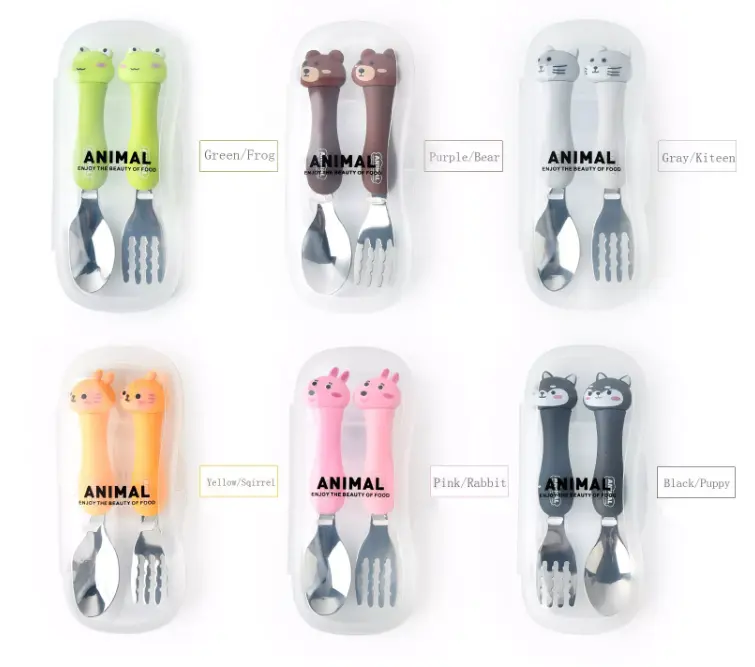 Set alat makan balita, Set sendok dan garpu baja tahan karat kartun hewan bebas BPA