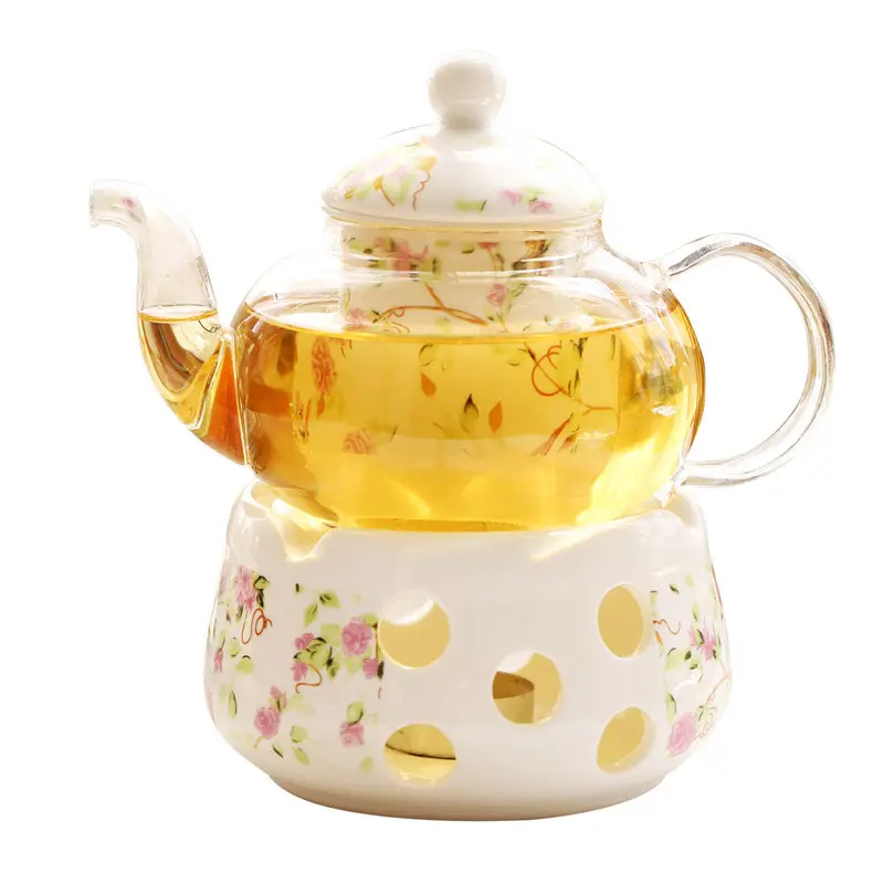 Yüksek kaliteli zarif seramik porselen cam çaydanlık seti çiçek tasarım demlik standı ile isıtıcı