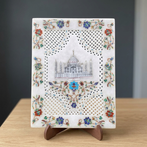 Bandeja Decorativa de Mármol Blanco de 12 Pulgadas, Hecha a Mano con Incrustaciones y Filigrana Estilo Taj Mahal, Artesanía en Piedra Pulida, Imitación Antigua - Product Image 1