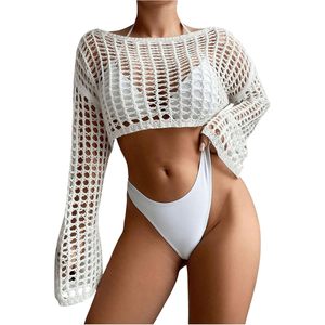 Top de baño de manga larga para mujer, de ganchillo, tejido calado, estilo corto, cuello cuadrado, ajuste holgado, blanco - Product Image 3