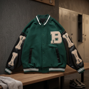 Blouson universitaire en laine verte pour homme avec manches en cuir, patch lettre B brodé, manteau de baseball, fournisseur en gros, LOGO personnalisé - Product Image 3