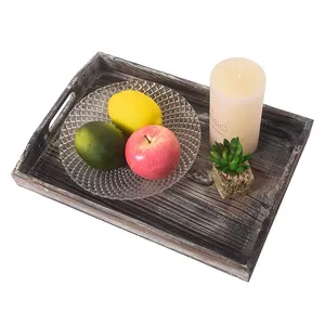 Wholesale Multifunctional Stackable Set Wooden Tray Kitchen Wooden Coffee Tea Food Bread Serving Tray With Handle