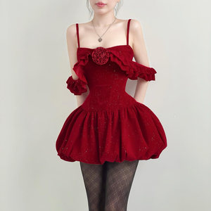 Vestido de Fiesta Mini con Lentejuelas Brillantes y Volantes, Estilo Francés, con Tirantes y Cintura Ajustada, para Mujer - Product Image 3