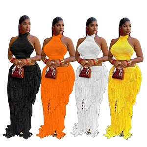 New Summer Knit <strong>Crochet</strong> Two Pieces Skirt <strong>Set</strong> With Knitted Halter Top and Tassel Long Knitted Skirt - Product Image 1