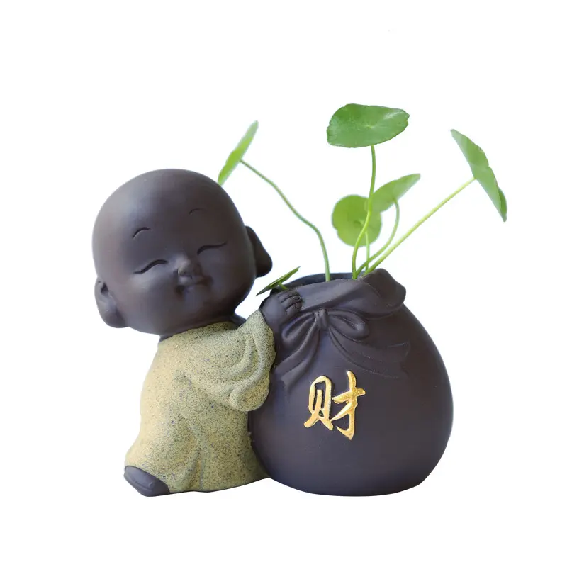 Chinese Paars Zand Little Monnik Creatieve Desktop Zen Keramische Vaas Bloem Gebruiksvoorwerpen