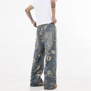 Pantalones de mezclilla unisex de cintura alta con estampado floral retro americano, diseño de nicho, pierna ancha y holgada, a la moda, para comercio exterior 2025 - Product Image 4