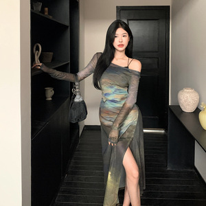 Oil Painting Style Mesh Camisole Two Piece Set For Women Off The Shoulder Asymmetric Sheath Dress Summer Vacation Look - Product Image 1