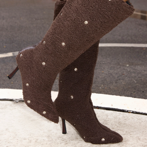 Womens Stiletto Pointed Toe High Heel Brown <strong>Sherpa</strong> Folded Detail Fur <strong>Boots</strong> - Product Image 4