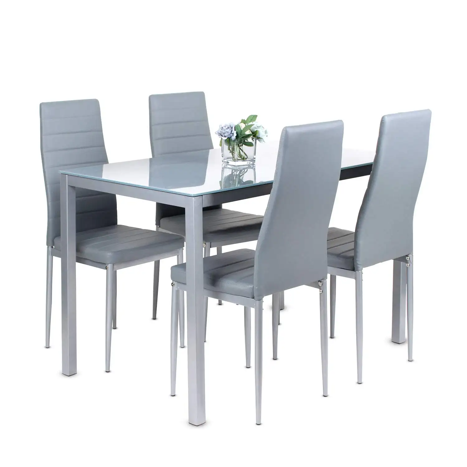 5 חתיכות 1.2 m שולחן אוכל עם 4 PVC אפור עור כיסאות מזג זכוכית שולחן למעלה מטבח אוכל שולחן סט מסעדה חליפות