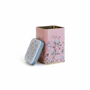 Kontensan ER0081G 0.5L Square Metal Tin <b>Box</b> 75x75x102mm Slip Lid Floral Design Pastel Pink Food Grade Recyclable Embossed Logo - Product Image 2