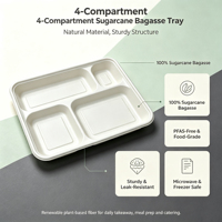 Plateaux rectangulaires jetables en bagasse de canne à sucre à 4 compartiments, robustes, compatibles micro-ondes, compostables, écologiques et résistants au congélateur