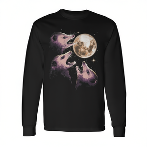 T-shirt a maniche lunghe con tre opossum che urlano verso la luna, design grafico nero - Product Image 2