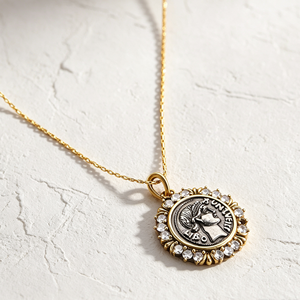 Colliers pendentifs personnalisés en acier inoxydable et bronze, style grec-romain rétro vintage, avec pièce de monnaie initiale, inaltérables - Product Image 2