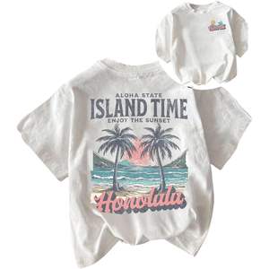 Camiseta Hawaiana Personalizada para Mujer, con Estampado Tropical, Manga Corta, de Algodón Jersey, Transpirable, para Vacaciones - Product Image 1
