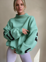 Sweat-shirt oversize pour femme à col montant, imprimé 3D en relief, en molleton de coton, pull décontracté