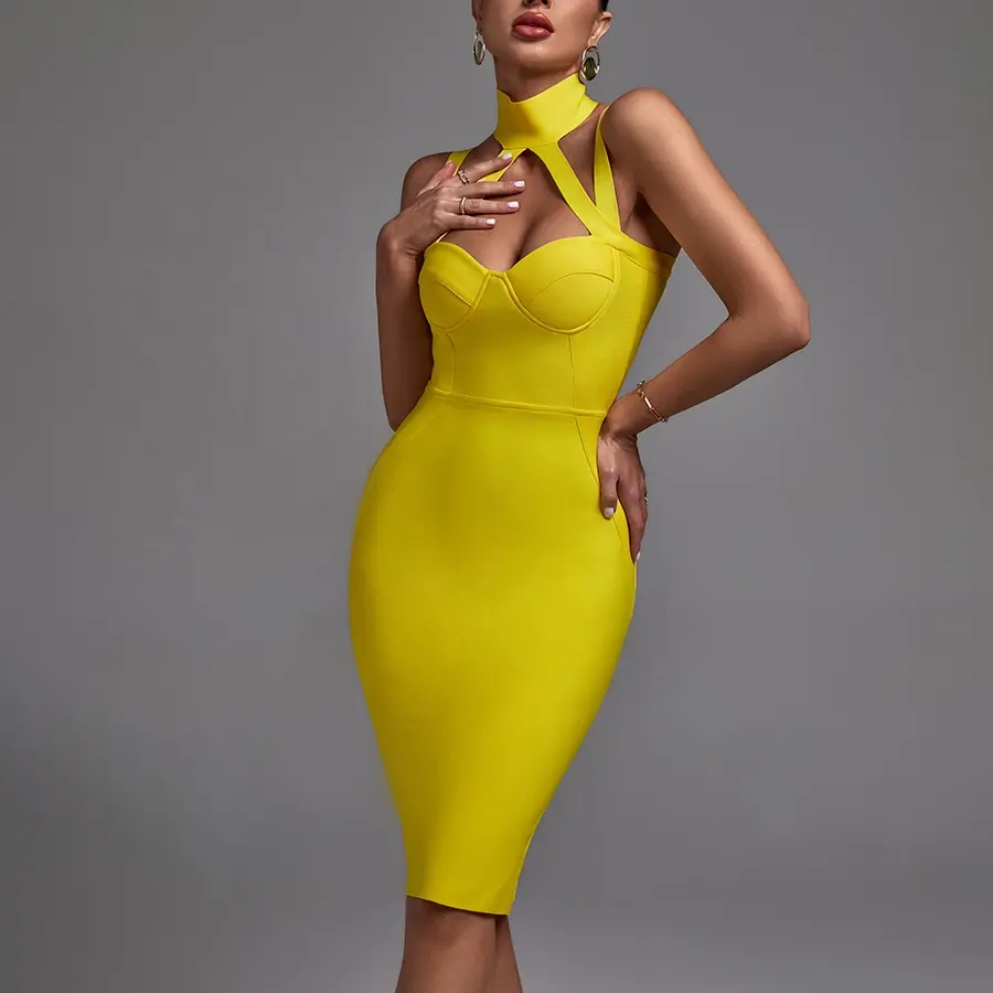 Slip Slit Dress Hollow Out Bodycon Empire Waist Dress Casual Womens Dresses Fashion Design Turtleneck Yellow Clothing Woman Midi