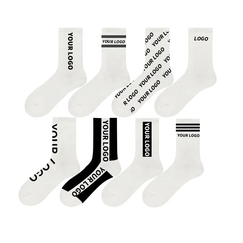 OEMカスタムデザインロゴプリント刺繍プレーンホワイトソックスメンズユニセックストレンディコットンクルーソックス