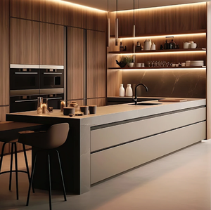 Meubles d'îlot de cuisine noir mat, design de cuisine moderne minimaliste, étagères ouvertes, sièges de bar, amplement de rangements - Product Image 5