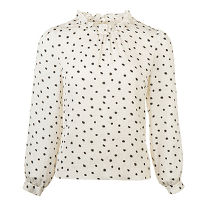 Camicetta in Chiffon a Pois <span class=keywords><strong>Beige</strong></span> e Nero Stile Minze per <span class=keywords><strong>Donna</strong></span>, Colletto con Volant, Manica Lunga, Camicia Casual Primaverile - Product Image 5