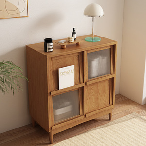 Japanese Style Solid Wood <b>Sideboard</b> With Glass Doors Teak Color Storage Cabinet For Kitchen Modern Minimalist Design - Product Image 2