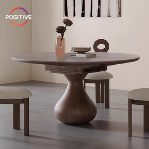 Mesa de comedor redonda de madera maciza de estilo Medieval, mesa de comedor plegable telescópica de piedra sinterizada redonda Vintage para el hogar, - Product Image 1