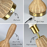 Lampe de table en bambou LED moderne, flexible, sans fil, à commande tactile, à intensité variable, avec batterie rechargeable 5000 mAh, lampe en rotin