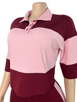 Setelan Olahraga Wanita 2 Potong Warna Kontras Kerah Polo Atasan Crop Top Celana Lebar Bergaris Samping Kasual