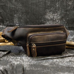 Vintage Genuine Leather Men's Waist/Chest Bag <strong>Crazy</strong> Horse Finish Zipper Closure <strong>Earphone</strong> Holes Multifunctional for Leisure - Product Image 2