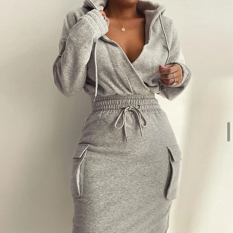 High quality women clothing long sleeve 2 piece sets sexy crop top hoodie and skirt two piece set
