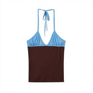 MYST&ZA Women's Vintage 2026 Summer Fashionable European American Halter Neck <b>Patchwork</b> Sleeveless Tank <b>Top</b> 100% Polyester - Product Image 2