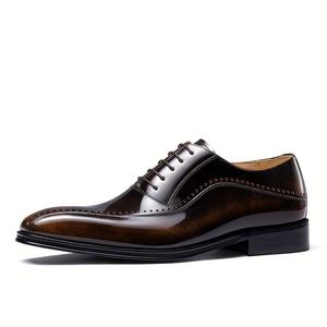 Men's Business Square <b>Toe</b> Genuine Leather Lace-Up Oxford Shoes Korean Style Formal Handmade Anti-Slip Breathable Lightweight - Product Image 3