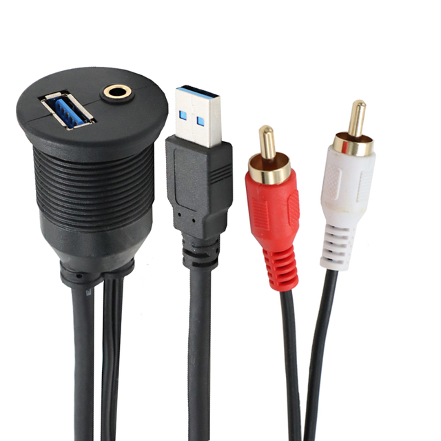 Car 2M USB 3.0 2 RCA Male 3.5mm Aux Female Extension Cable Dashboard Panel Flush Mount 12-24V Quick Charge