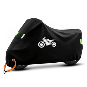 Funda impermeable negra para motocicleta con tiras reflectantes y logotipo impreso, diseñada específicamente para proteger motocicletas - Product Image 1