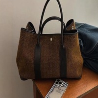 Sac fourre-tout rétro en lin et coton à chevrons, grande capacité, sac à bandoulière décontracté avec garniture en cuir, sac à main de style urbain pour tous les jours
