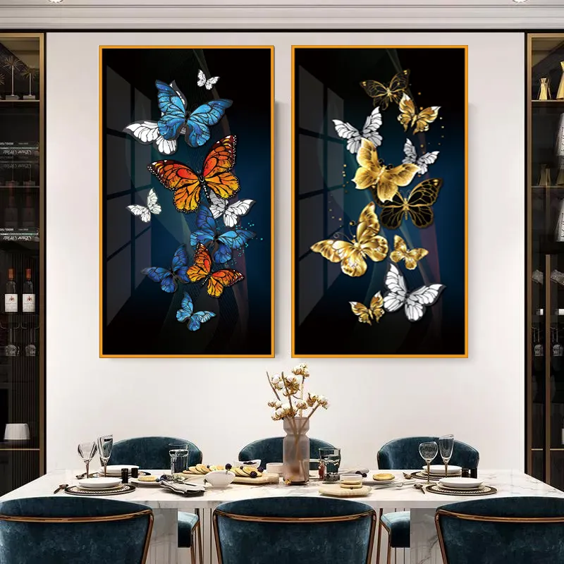 Kustom Hidup 2 Panel Kanvas Cetakan Dibingkai Dekoratif Dinding Rumah Seni Kupu-kupu Kristal Lukisan Minyak