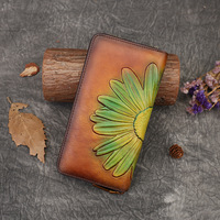 Dompet Pendek Unisex Kulit Asli Retro Flowers dengan Ritsleting, Lapisan Poliester, Gaya Bohemian