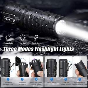 Outdoor Aluminum Alloy Waterproof <b>LED</b> Flashlight Cigarette Lighter <b>Rechargeable</b> USB 3 Modes Windproof Camping Travel Tool - Product Image 4