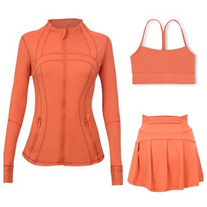 Wholesale 3pcs Yoga Set S-3XL Stand up Collar Zip-up <b>Jacket</b> for <b>Women</b> Sports Bra Tennis Skirt Gym Workout Jogger Sportswear Set - Product Image 4